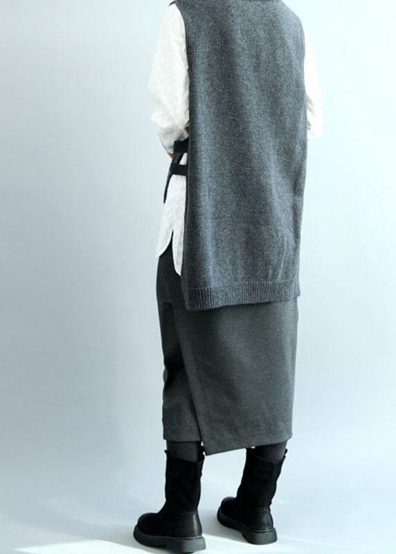 Boho Dark Gray O-Neck Side Open low High Design Fall Knit Vest - SooLinen