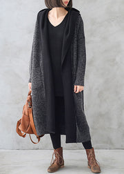 Boho Dark Grey Wool Patchwork Knit Hooded Maxi Trench Coats Fall