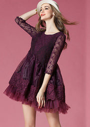 Boho Dark Purple Embroidered Lace Patchwork Organza Mini Dresses Summer