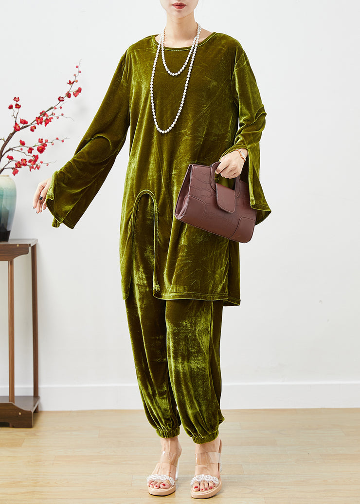 Boho Dull Green Oversized Side Open Silk Velour Two Pieces Set Fall