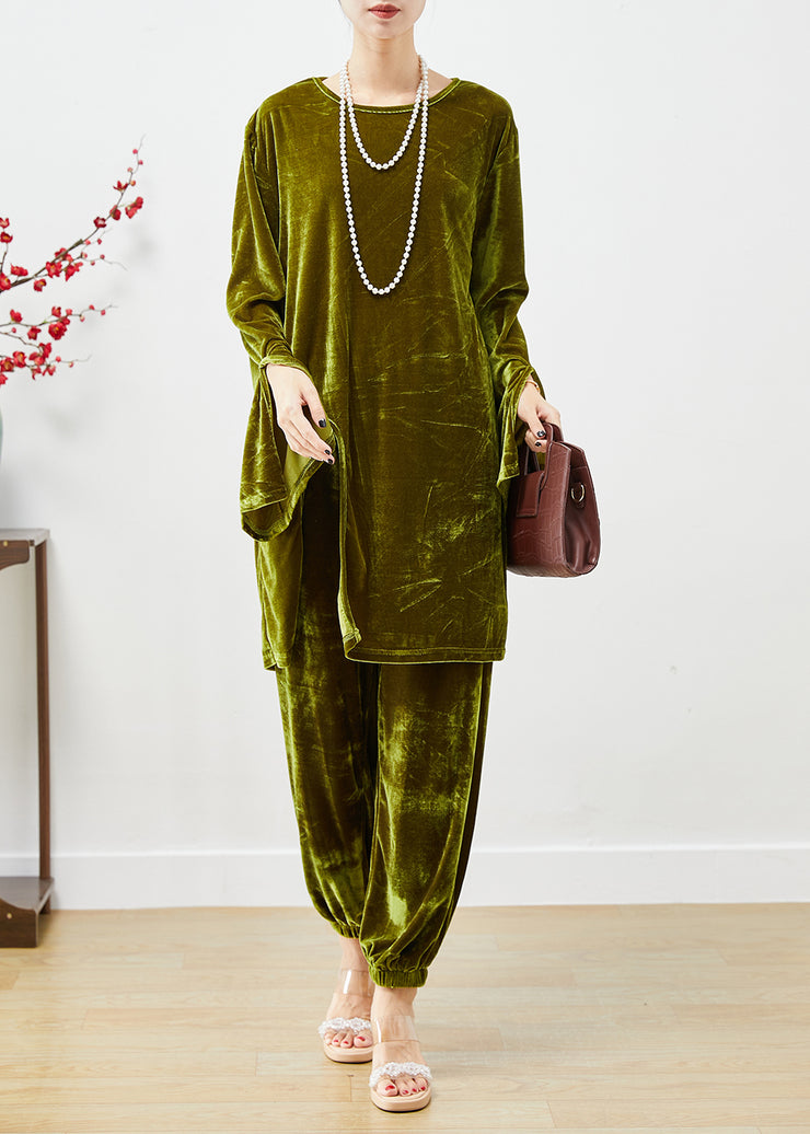 Boho Dull Green Oversized Side Open Silk Velour Two Pieces Set Fall