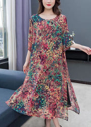 Boho Floral O Neck Print Side Open Patchwork Chiffon Dress Summer