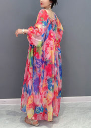 Boho Floral Wrinkled Lace Up Patchwork Chiffon Long Dress Summer