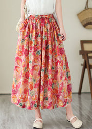 Boho Floral Wrinkled Pockets Elastic Waist Patchwork Linen Skirts Summer