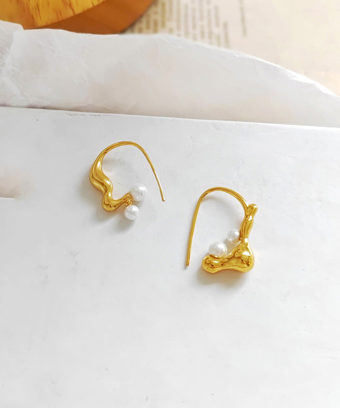 Boho Gold Copper Asymmetrical Pearl Hoop Earrings