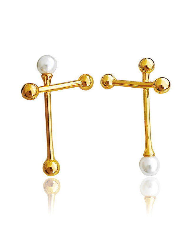 Boho Gold Copper Overgild Asymmtricar Cross Glass Pearl Stud Earrings