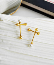 Boho Gold Copper Overgild Asymmtricar Cross Glass Pearl Stud Earrings