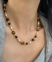 Boho Gold Pearl Cat's eye Stone Gratuated Bead Necklace