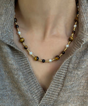 Boho Gold Pearl Cat's eye Stone Graduated Bead Necklace