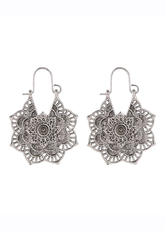 Boho Gold Sterling Silver Hollow Out Floral Hoop Earrings