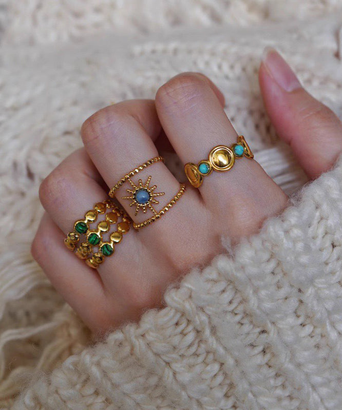 Boho Gold Turquoise Bearded Star Gem Stone Hollow Out Three Piece Set Rings