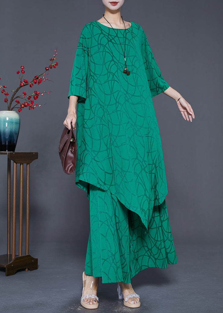Boho Green Asymmetrical Design Silk Two Pieces Set Summer