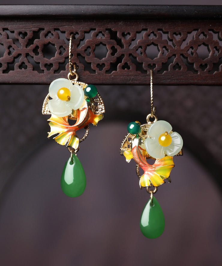 Boho Green Coloured Glaze Chalcedony Agate Cloisonne Floral Fish Drip Drop Earrings