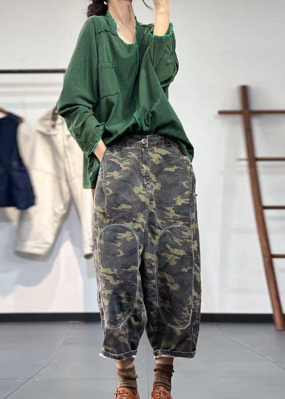 Boho Green Elastic Waist Embroidered Camouflage Cotton Harem Pants Fall
