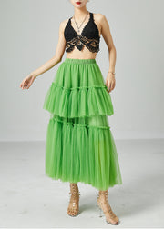 Boho Green Elastic Waist Patchwork Wrinkled Tulle Skirts Summer