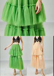 Boho Green Elastic Waist Patchwork Wrinkled Tulle Skirts Summer