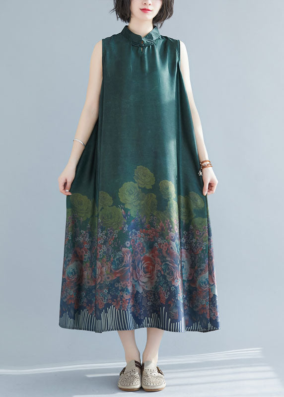Boho Green Mandarin Collar Print Silk Long Dresses Sleeveless
