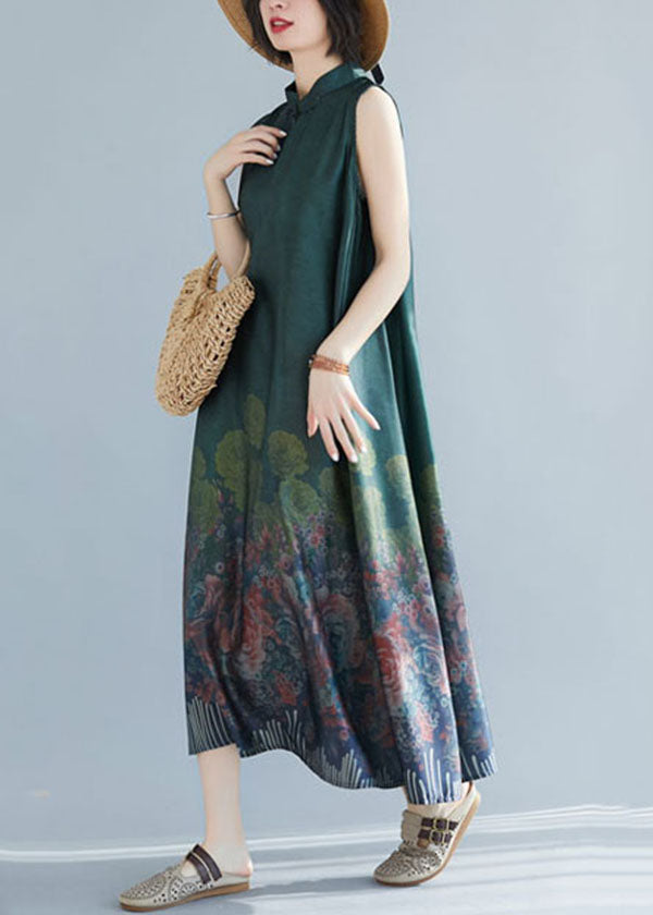 Boho Green Mandarin Collar Print Silk Long Dresses Sleeveless