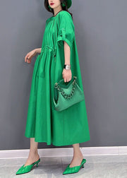 Boho Green O-Neck Drawstring Wrinkled Cotton Holiday Dress Summer