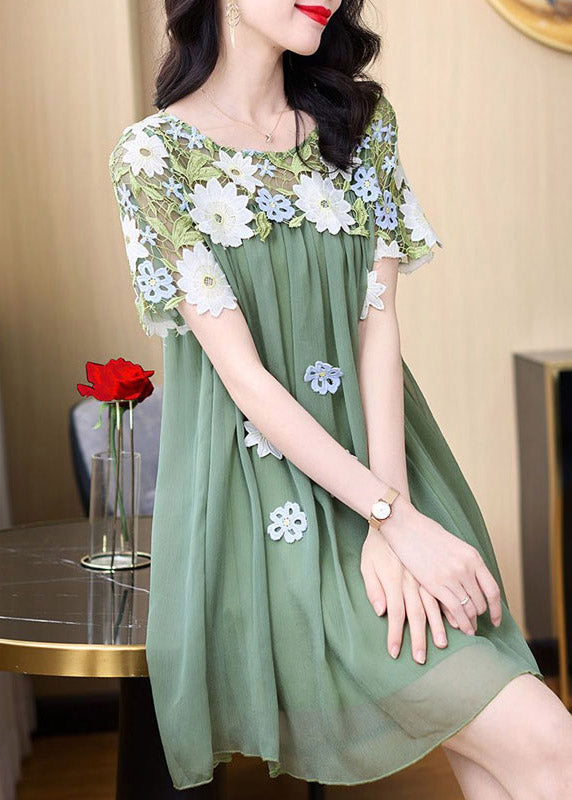 Boho Green O-Neck Embroidered Patchwork Tulle Mid Dresses Short Sleeve