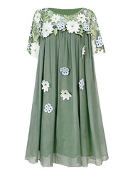 Boho Green O-Neck Embroidered Patchwork Tulle Mid Dresses Short Sleeve