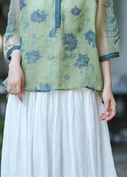 Boho Green O Neck Organza Embroidered Patchwork Linen Top Summer