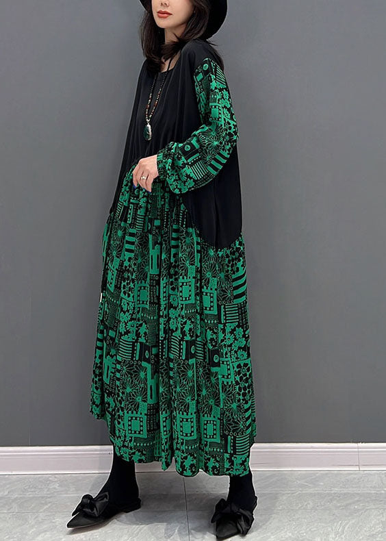 Boho Green O-Neck Patchwork Drawstring Cotton Maxi Dresses Fall