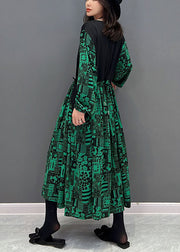 Boho Green O-Neck Patchwork Drawstring Cotton Maxi Dresses Fall