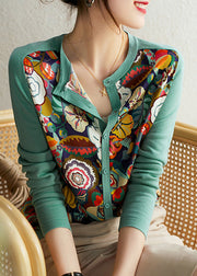 Boho Green O-Neck Print Chiffon Patchwork Button Knit Top Long Sleeve