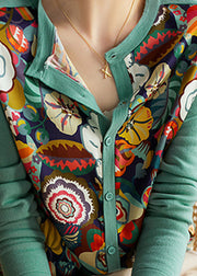 Boho Green O-Neck Print Chiffon Patchwork Button Knit Top Long Sleeve