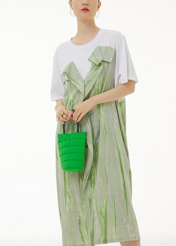 Boho Green O-Neck Wrinkled Print Patchwork Cotton Dress Summer