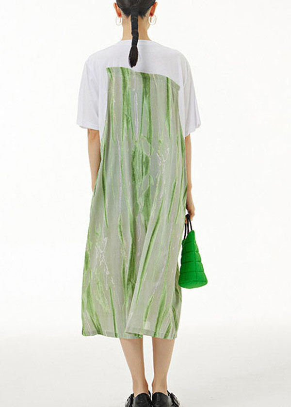 Boho Green O-Neck Wrinkled Print Patchwork Cotton Dress Summer