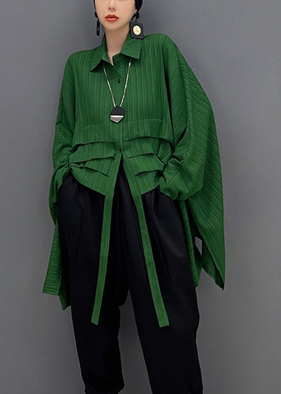 Boho Green Peter Pan Collar Asymmetrical Low High Design Button Shirt Long Sleeve