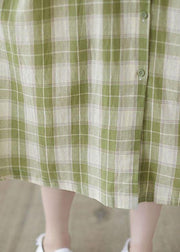Boho Green Plaid Peter Pan Collar Button Summer Party Dress Half Sleeve - SooLinen