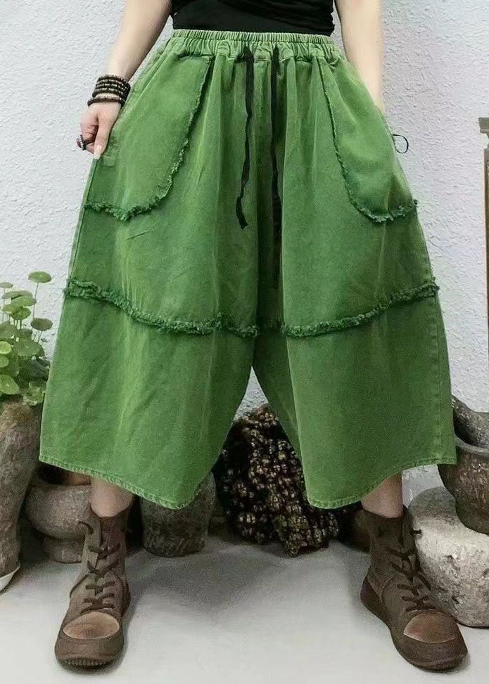 Boho Green Pockets Patchwork Elastic Waist Denim Crop Pants Summer
