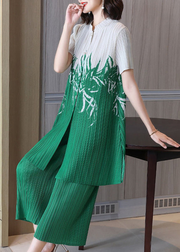 Boho Green Print Wrinkled Two Piece Set Women Clothing Summer