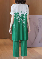 Boho Green Print Wrinkled Two Piece Set Women Clothing Summer