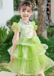 Boho Green Sequins Chinese Button Tulle Kids Girls Dresses Butterfly Sleeve