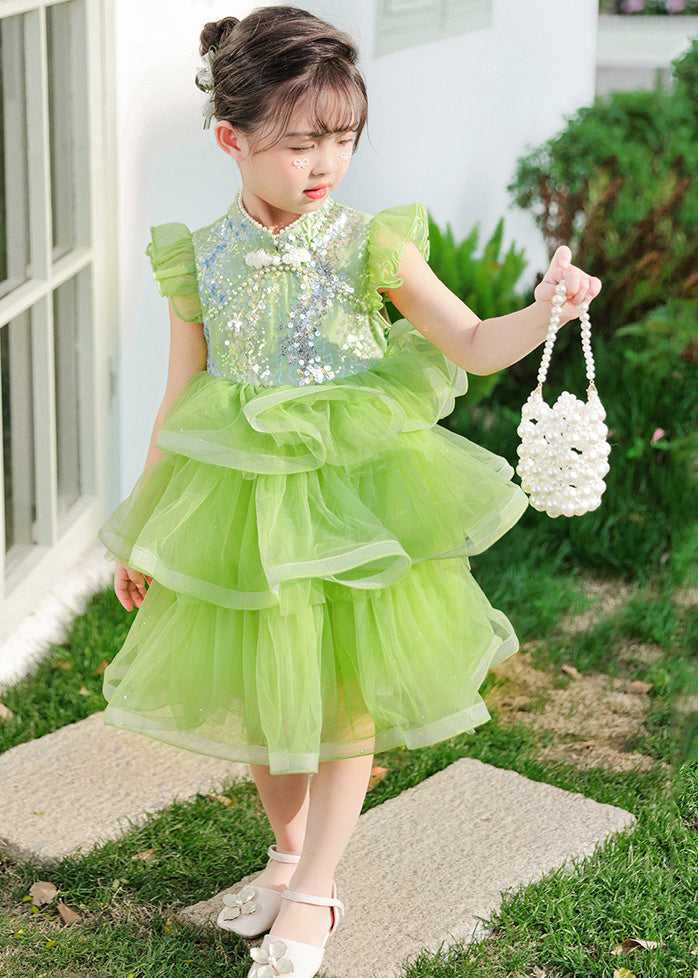 Boho Green Sequins Chinese Button Tulle Kids Girls Dresses Butterfly Sleeve