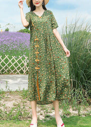 Boho Green Stand Collar Chinese Button Print Linen Dress Summer