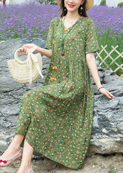 Boho Green Stand Collar Chinese Button Print Linen Dress Summer