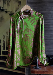 Boho Green Stand Collar Patchwork Jacquard Silk Tops Spring