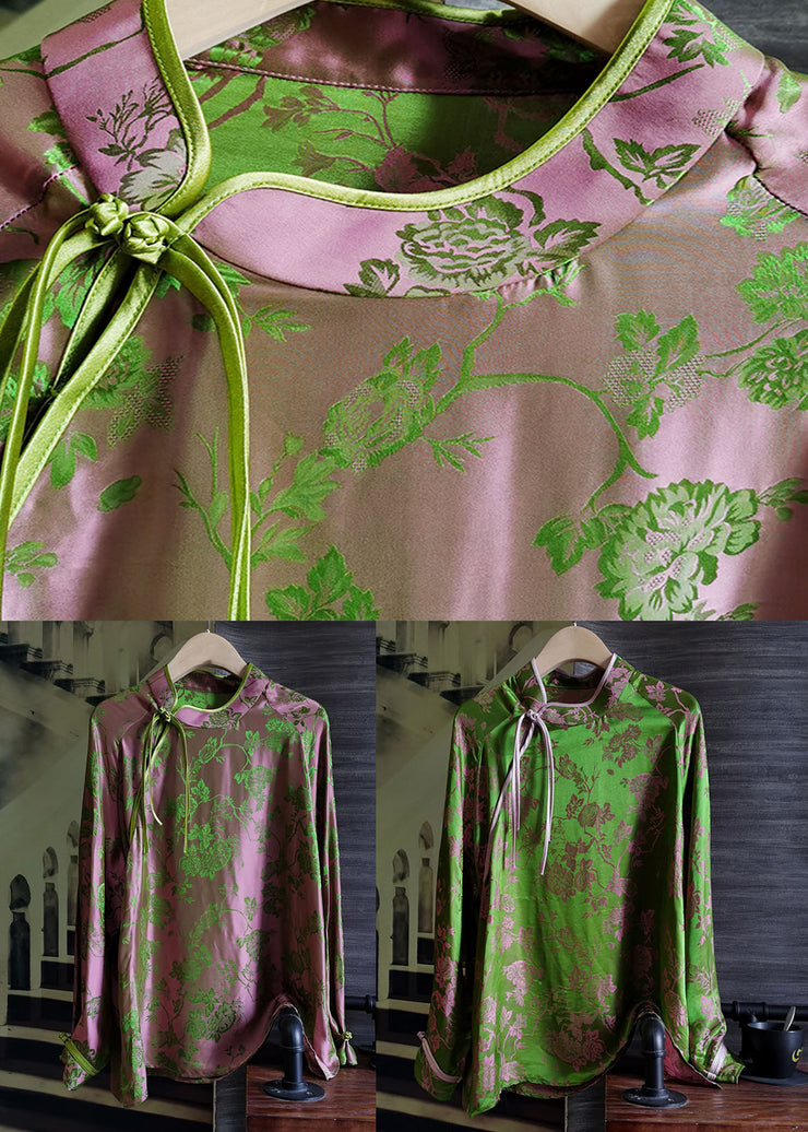 Boho Green Stand Collar Patchwork Jacquard Silk Tops Spring