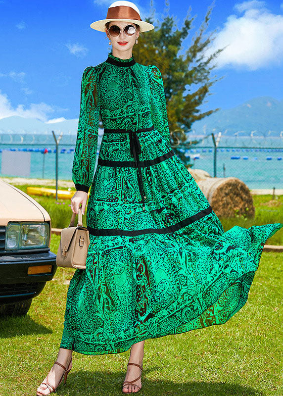Boho Green Stand Collar Patchwork Print Chiffon Cinch Dresses Spring