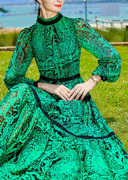 Boho Green Stand Collar Patchwork Print Chiffon Cinch Dresses Spring