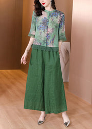 Boho Green Stand Collar Patchwork Print Linen Two Piece Set Women Clothing Summer