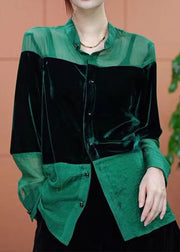Boho Green Stand Collar Patchwork Silk Velour Shirt Top Spring