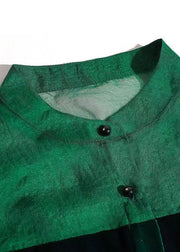 Boho Green Stand Collar Patchwork Silk Velour Shirt Top Spring