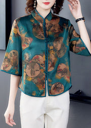 Boho Green Stand Collar Print Patchwork Silk Blouse Top Summer