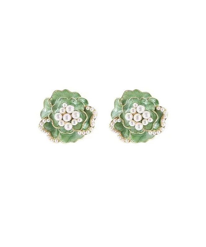 Boho Green Sterling Silver Copper Pearl Floral Stud Earrings